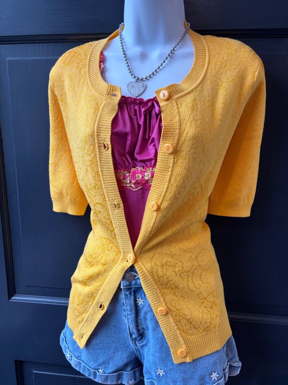 Jones New York Golden Yellow Short-Sleeve Button Cardigan